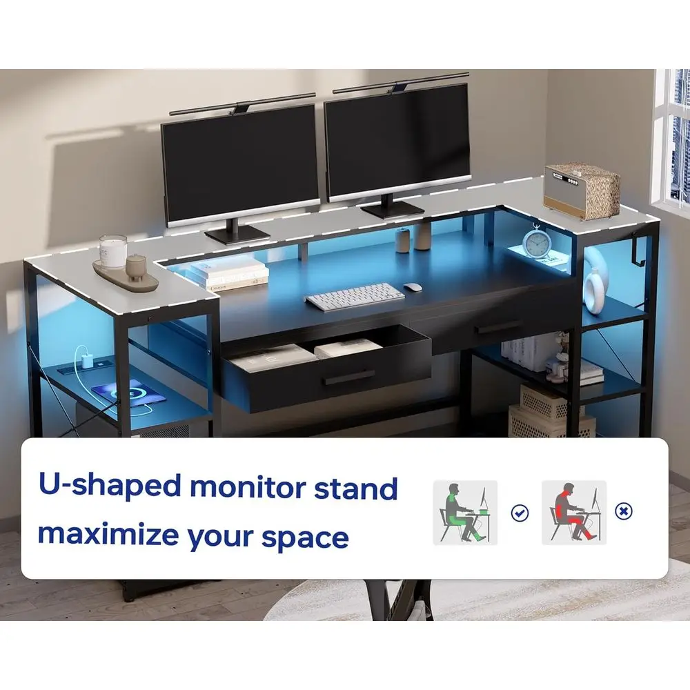 مكتب ألعاب أسود 58 مزود بإضاءة LED ومنافذ طاقة ودرجين للمكتب المنزلي والكمبيوتر الشخصي #4