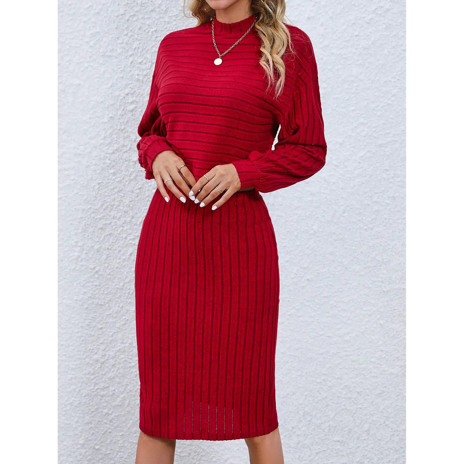 2024 Autumn Elegant Women Pullover Half High Neck Long Sleeve Solid Color Screw Thread Elastic Waist Pack Hip Dress Fashion Sets