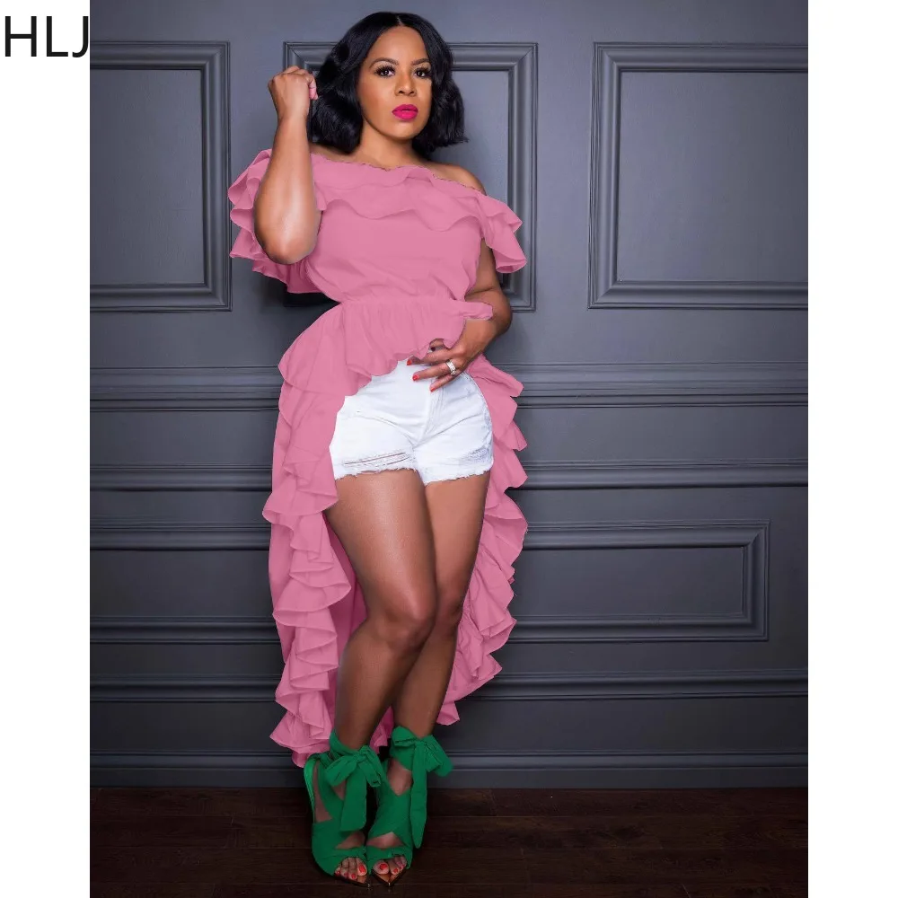 HLJ Fashion One Shoulder Ruffle Design Irregular Shirt Women Round Neck Sleeveless Swallowtail Tops Casual Female Solid Clothing
