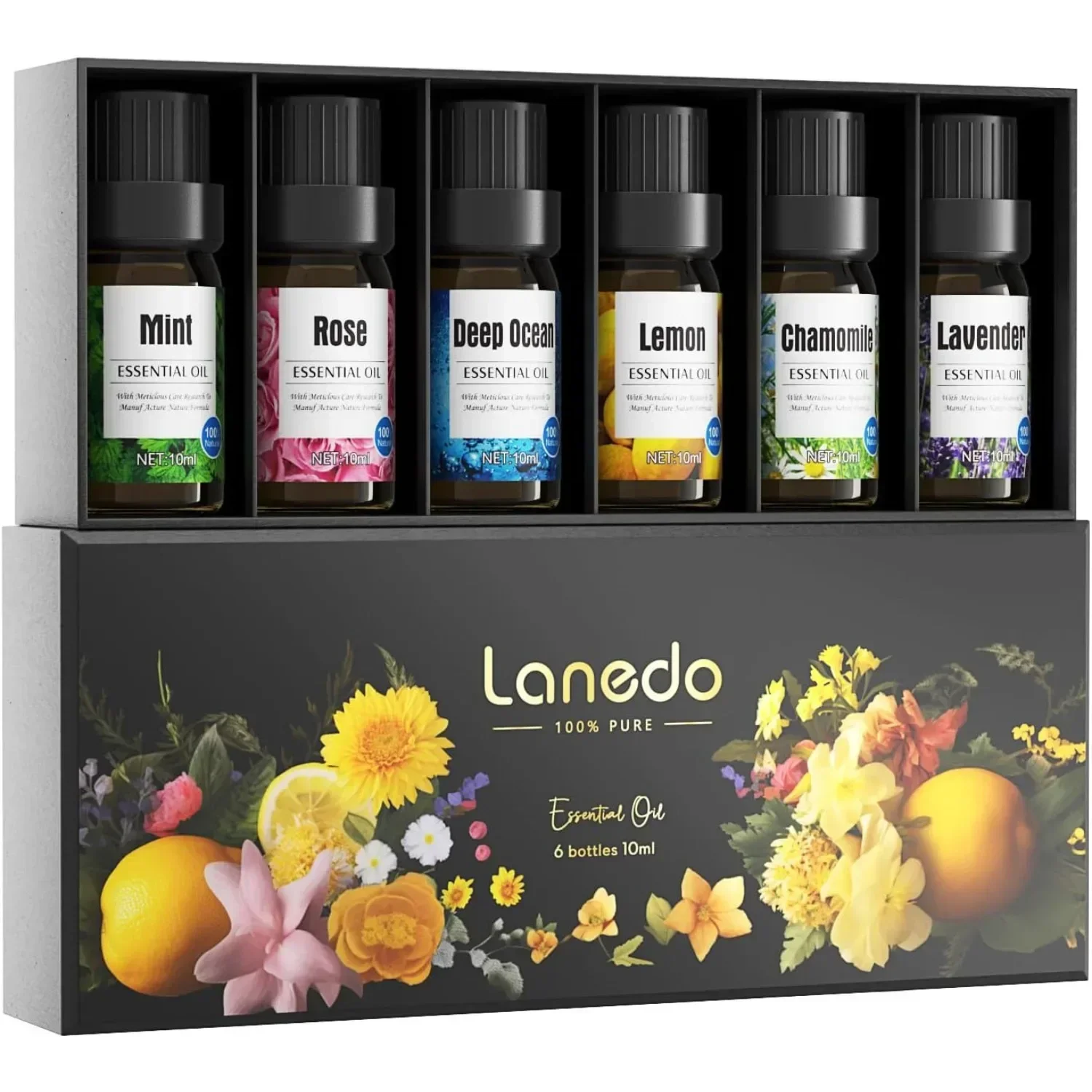 Aromatherapy oil set with lavender, lemon, peppermint, chamomile, deep sea and rose oils to relax and soothe