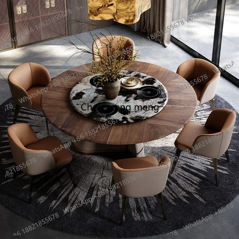 A139 Luxury Round Dining Table Light Wind North American Black Walnut Electric Dining Table High End Marble Rotating Induction C