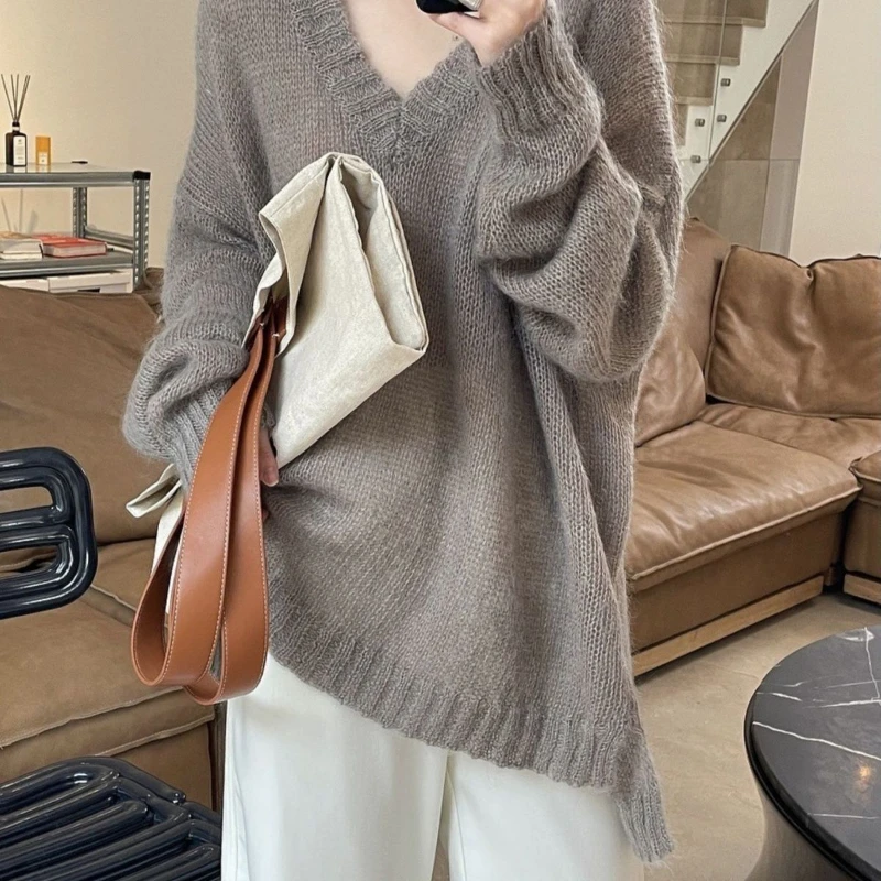 Women 2023 New Early Autumn Sweater Sweater Lazy Wind V-neck Long Loose Blouse Slim Inside All-match Hin Thin V-neck