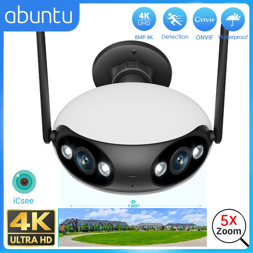 ABUNTU 8MP 4K Wifi Camera Outdoor Security 4MP 180° Ultra Wide View Angle AI Huamn Detection Video Surveillance Camera ICsee APP