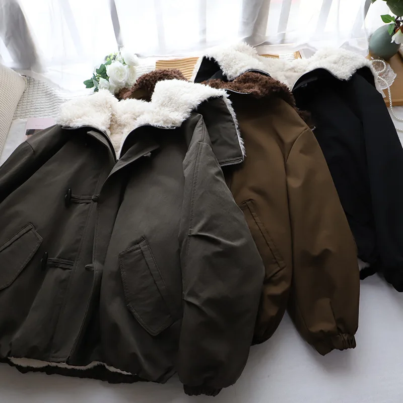 Amerikaanse Retro Plu Grote Kraag Jaet Dames Winter Nieuwe Thiened Fce Katoen Baseball Jaet Jas Sli Bovenkleding