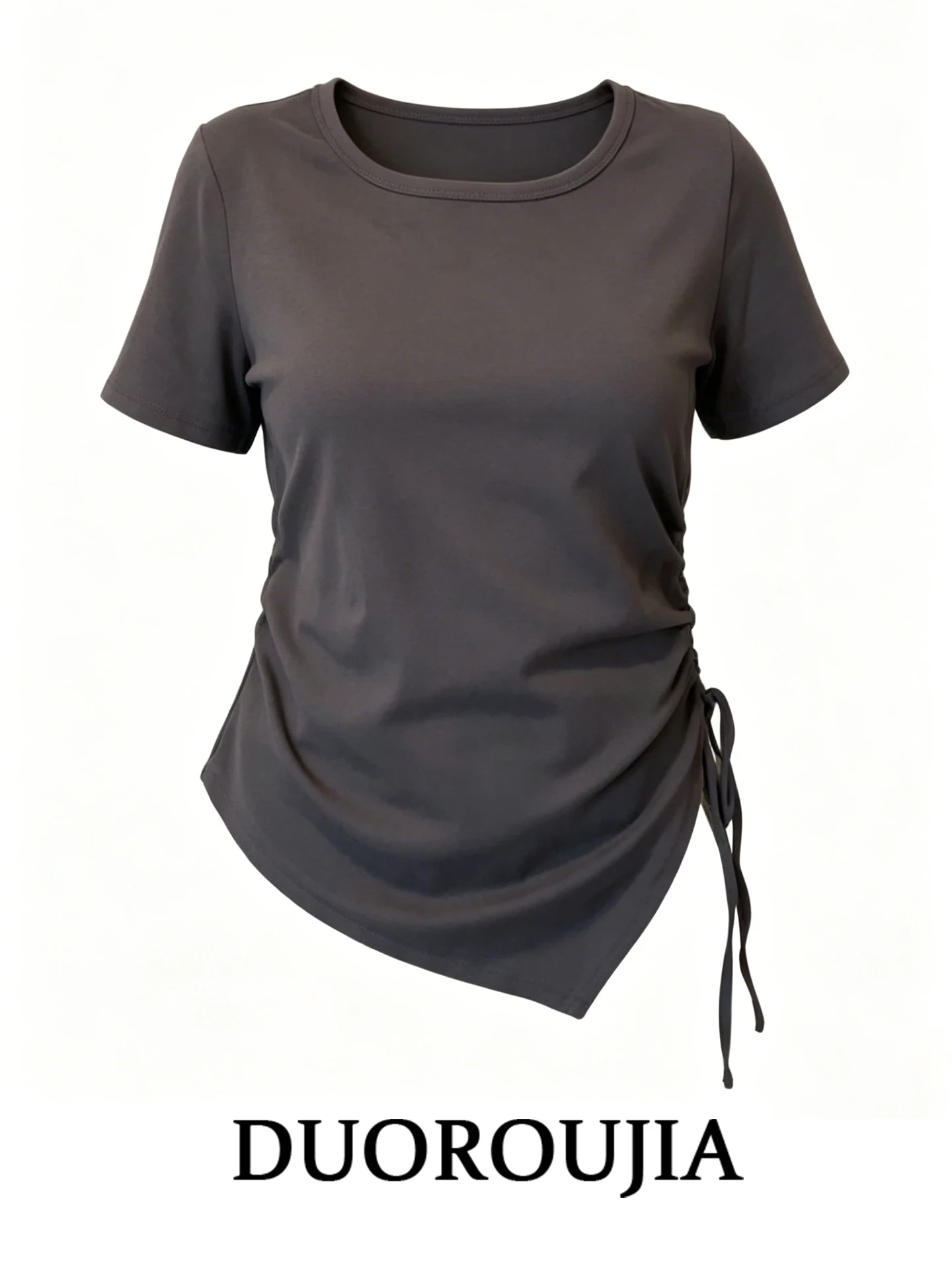 

Gray Drawstring Short Sleeve T-Shirt Women's plus Size Casual Summer Top Uneven Design Korean Style High Waist Printed Anti-Ball