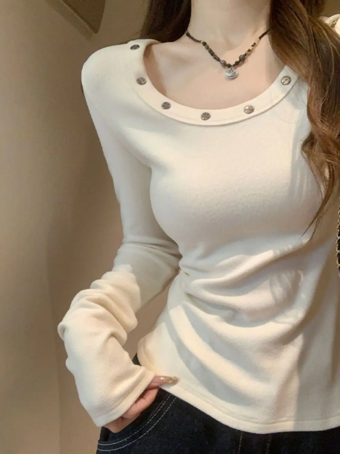American Style Long Sleeve T-Shirt Women's Slim Fit Short Base Layer Sexy Cotton Spring Autumn Shoulder Buckle U-Neck Top