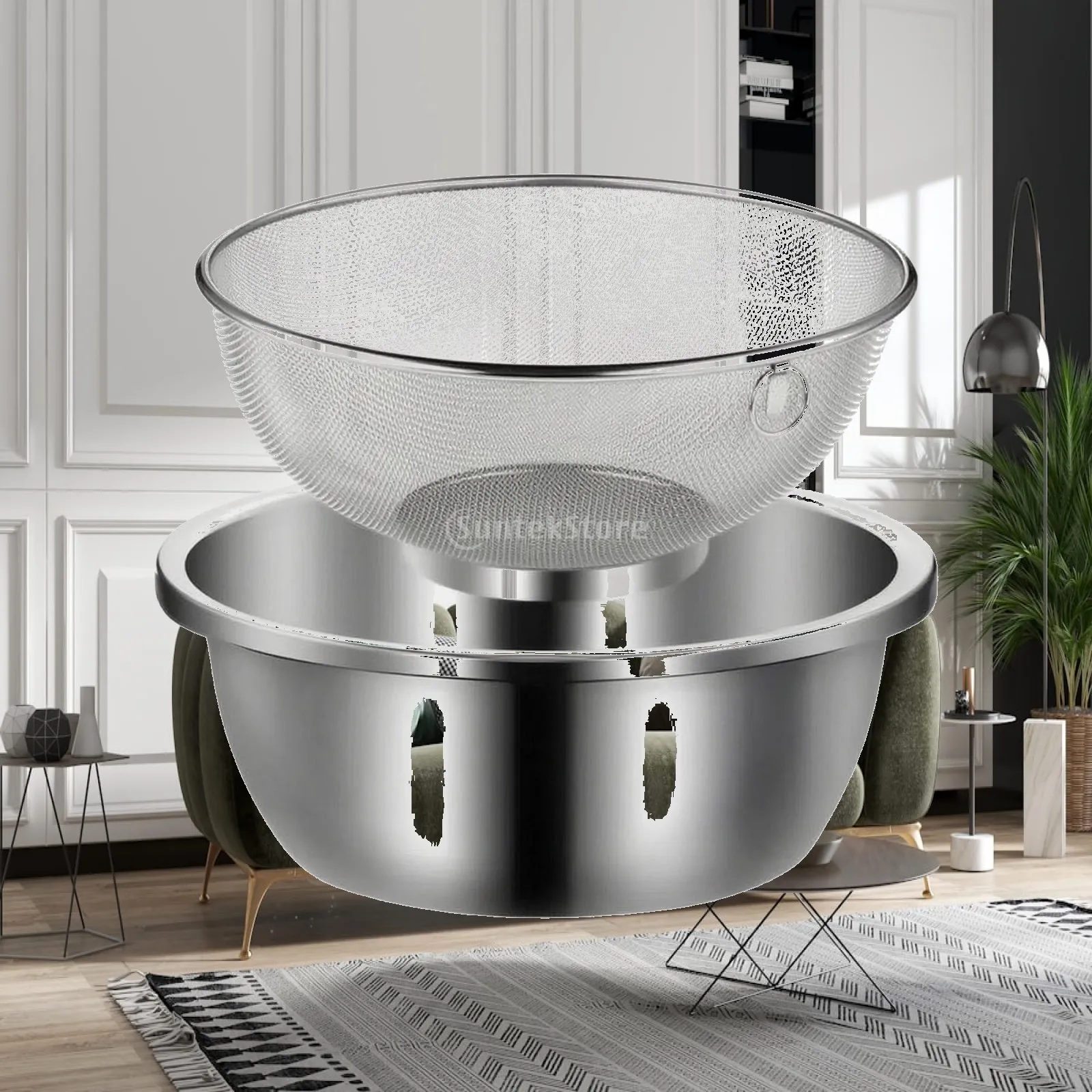 2 Pieces Fine-Mesh Draining Colander with Bowl Long-Lasting Stainless Steel Rice Rinsing Set Kitchen Tool Space-Saving
