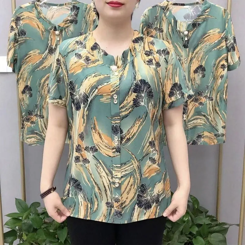 Camisa feminina casual com decote em O, moda Paisley vintage estampada, com botão emendado, blusa reta manga curta, roupa de verão