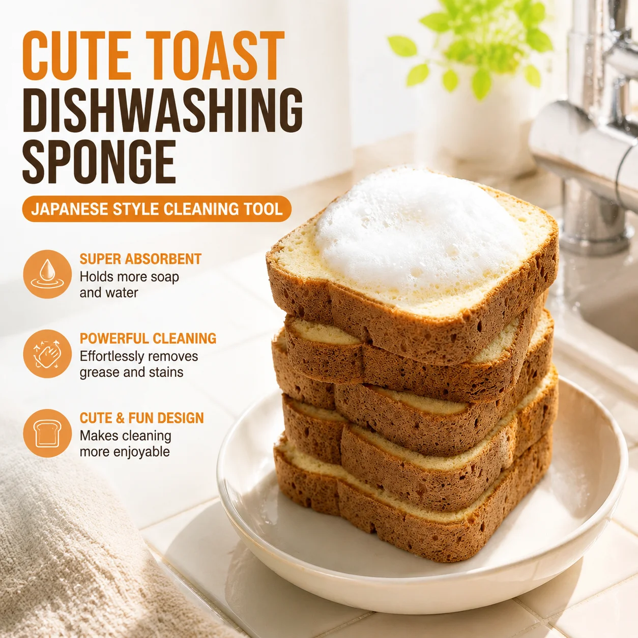 Cute Toast Bread Shaped Dishwashing Sponge, Japanese Style Kitchen Cleaning Tool, Super Absorbent Decontamination Scrubber for