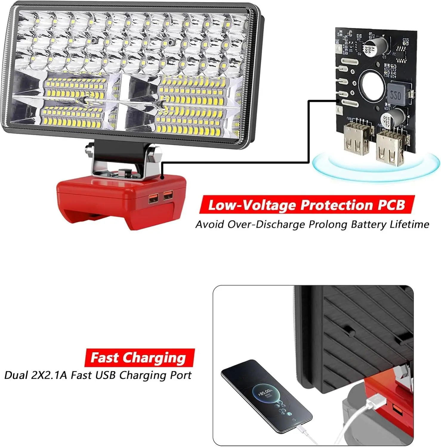 6000 LM 38W Cordless LED Work Light Compatible with Milwaukee 18V Battery 2.1A USB Portable Flashlight  Flood Light with 2 Modes