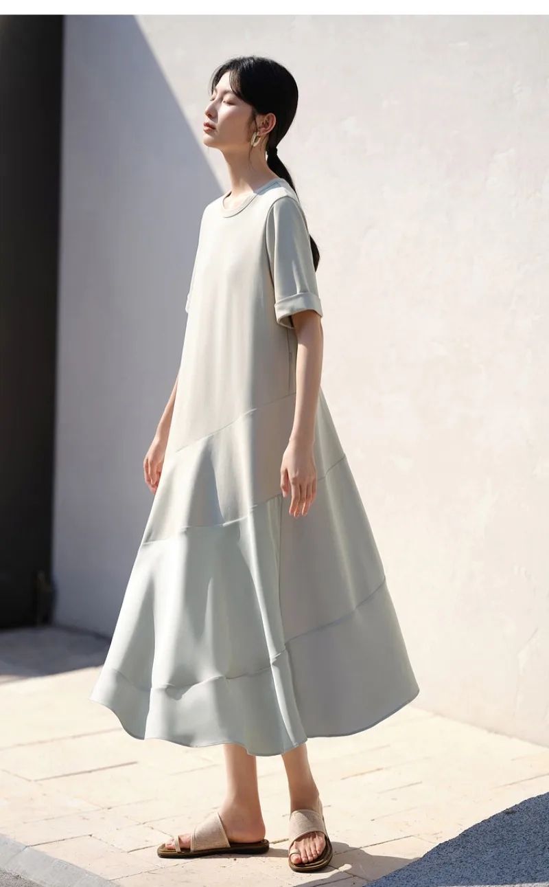 เสื้อยืดสีเขียวชุดผู้หญิง 2025 แฟชั่นฤดูร้อนใหม่ Slim Elegant ภาษาฝรั่งเศสคําชุดผู้หญิงแขนสั้นอารมณ์ชุดไม่สม่ําเสมอ