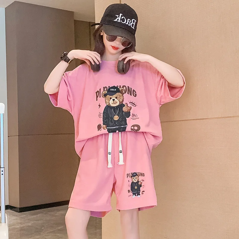 Summer Girls Cotton Cartoon Print T-Shirt Tops+Drawstring Shorts Sets School Kids 2PCS Tracksuit Children Jogging Outfits 7-16Yr