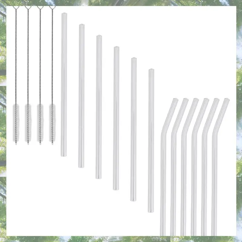 2025 Trend 12PCS Reusable Clear Glass Straws Shatter Resistant Glass Drinking Straw 6 Straight And 6 Bent With 4 Cleaning Brushe