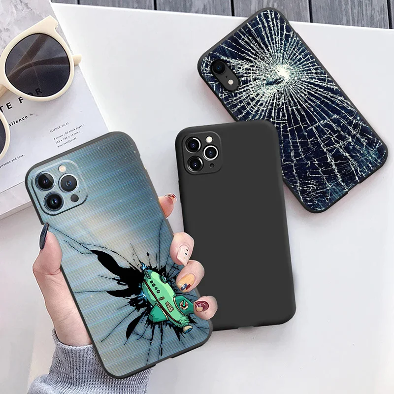 Matte Phone Case For iphone 14 Pro 15 13 12 Mini 11 8 7 6 6s Plus SE X XS Max XR Flaw Cracked Screen Blue Green Art Black Cover