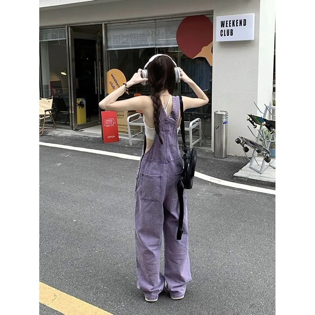 

Retro Purple Denim Overalls Women's Summer Loose Fit High Waist Wide Leg Jumpsuit Casual Popular Internet Red Design Sense