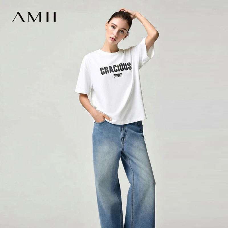 

Amii Women's Tee 2026 Summer New Cotton Round Neck Drop Shoulder T-Shirt Loose Letter Printing Women's Short Sleeve Top 12622019