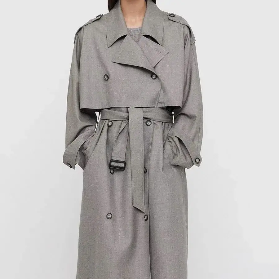 Women's Oversize Wool Trench Coat, Turn-down Collar, Loose Full Sleeve, Gray Color, Turn-down Collar, Winter