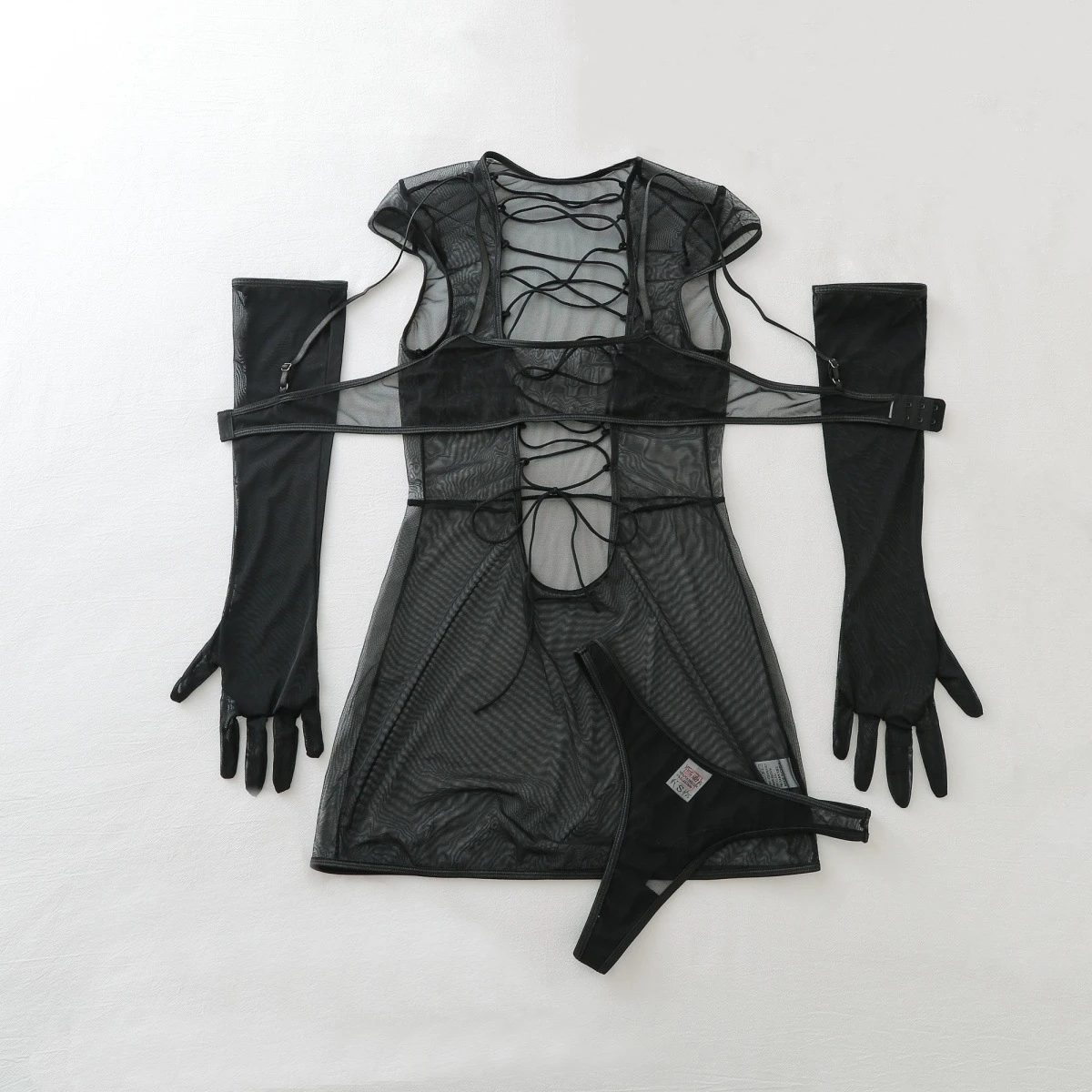 

2026 Hollow Out Cross-Strapped Sheer Exotic Dresses Women's Sexy Netting Shapewear Female See Through Separate Set with Gloves