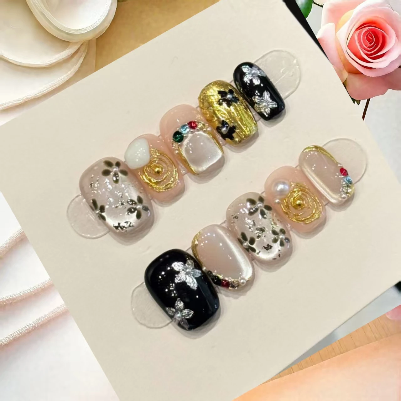 

10PCS Luxury Handmade Press On Nails Baroque Metal Pearl Colorful Floral Short Almond Design With4-PIECE ToolsNail Adhesive Tabs