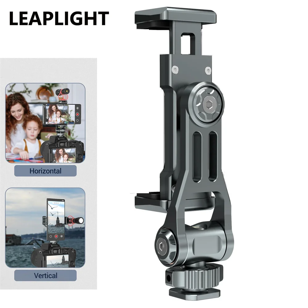 LEAPLIGHT Camera Hot Shoe Phone Holder 360 Metal Phone Mount w Dual Cold Shoe for iPhone 16 15 Android DSLR Camera Mic Light