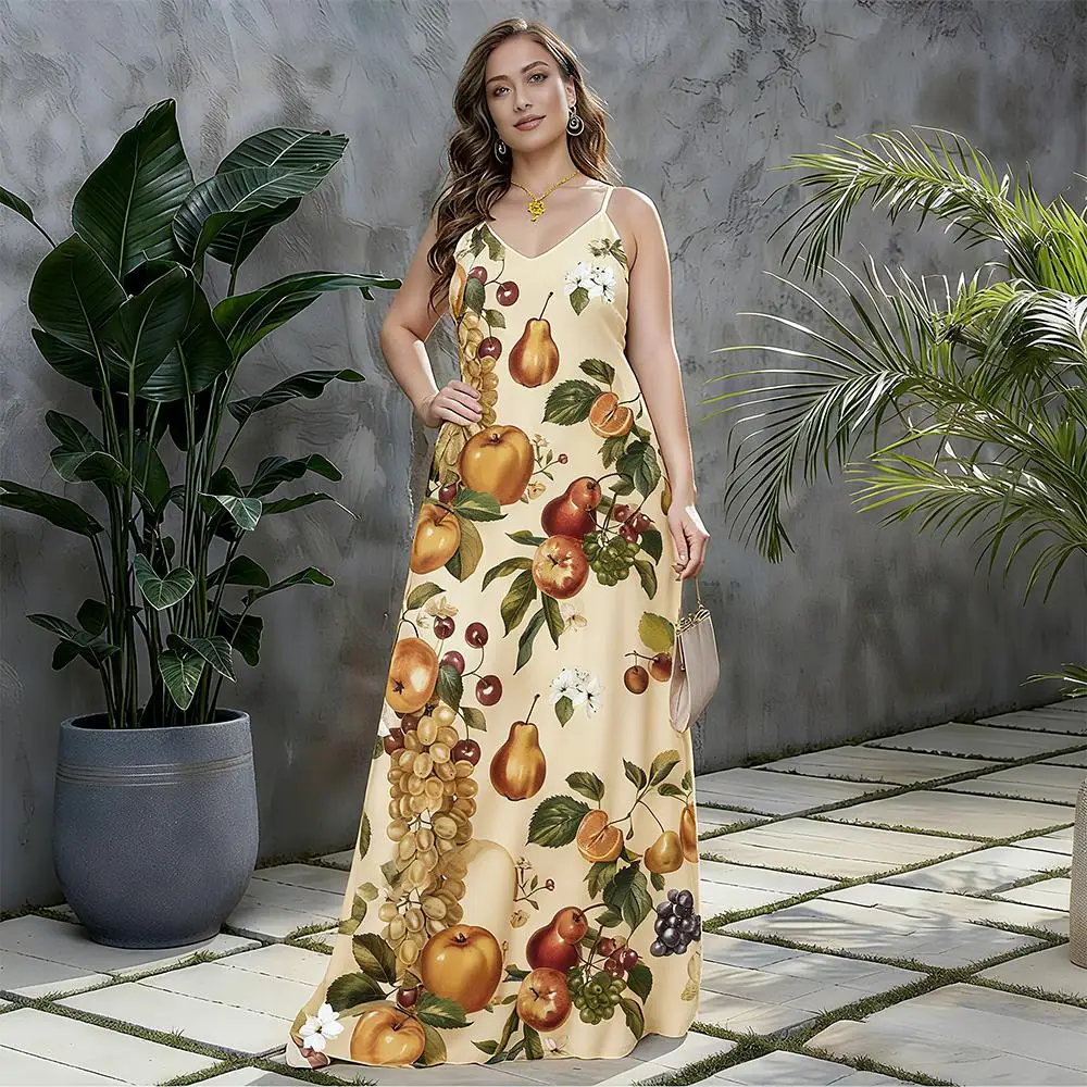 المرأة الفاكهة طباعة الخامس الرقبة فستان الحمالات البوهيمي نمط الصيف فستان كاجوال فضفاض وعصري عطلة الشاطئ فستان ماكسي #3