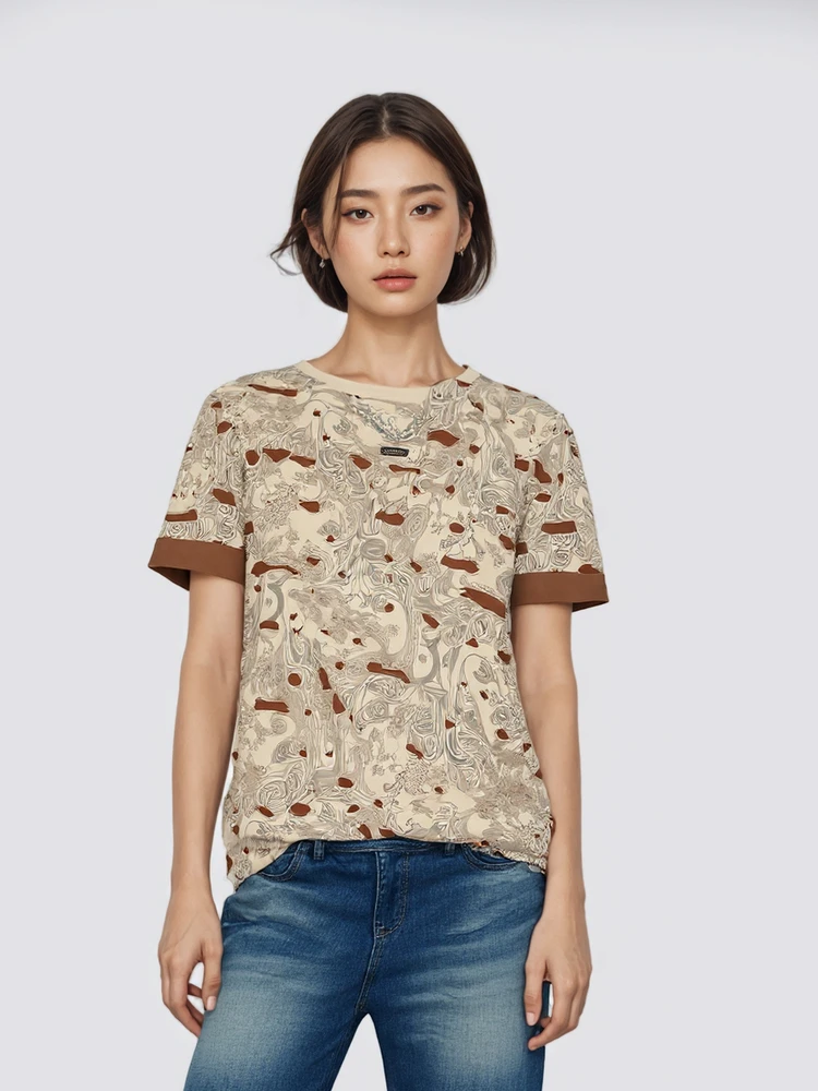 

Свободная женская футболка средней длины с круглым вырезом и коротким рукавом, новая модель, удобная, из хлопка, в корейском стиле, для повседневной носки, с креативным принтом