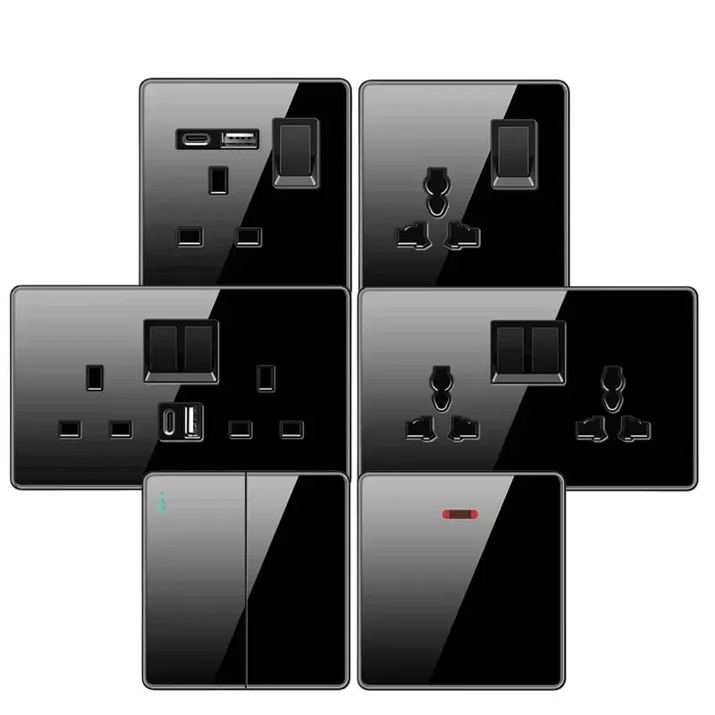 for UK 13A Type C USB Power Socket Black Tempered Glass Wall Light Switch 1 Gang 2 Way 220V Electrical Socket Panel