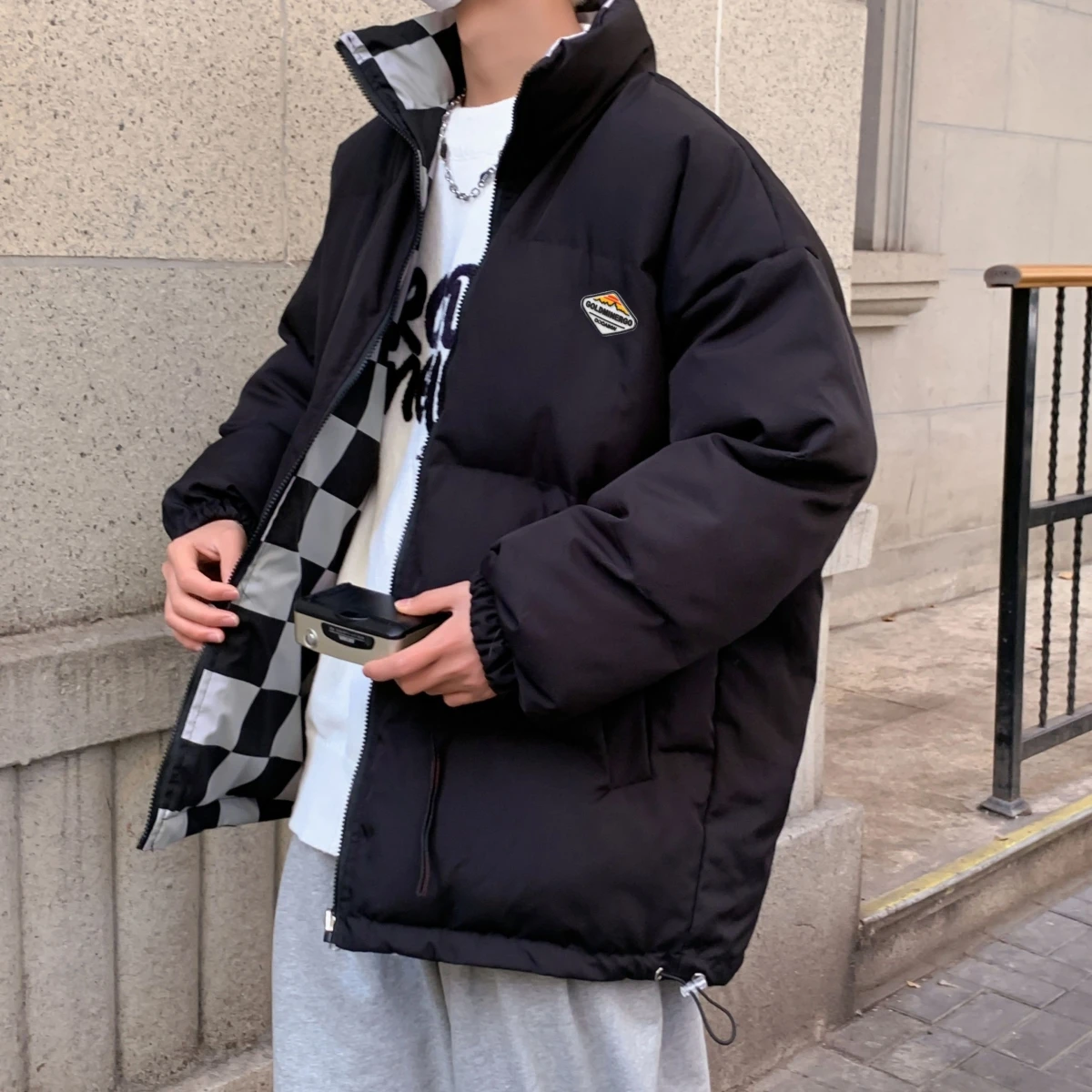 

Двусторонний зимний клетчатый хлопковый джет для мужчин, свободный крой, молодежный модный корейский размер-стойка на молнии...