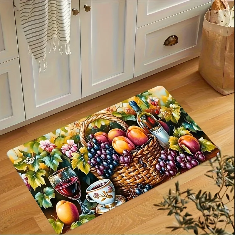 Rustic Country Fruit Wine Bath Kitchen Mat Grape Peach Wicker Basket Floral Wine Glass Art Design Anti Slip Washable  Doormat