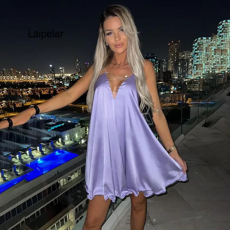 

2022 Summer New Skirt All-match Evening Dress Sexy Big Swing Thin Section Low-cut V-neck Rhinestone Lace Satin Dress