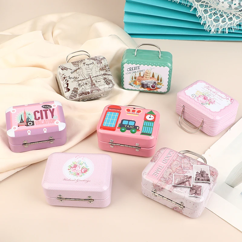 Vintage Small Suitcase Storage Tin Metal Candy Box Gift Box Cookie Gift Box Sundries Organizer Storage Cans Mini Tin Box Gifts