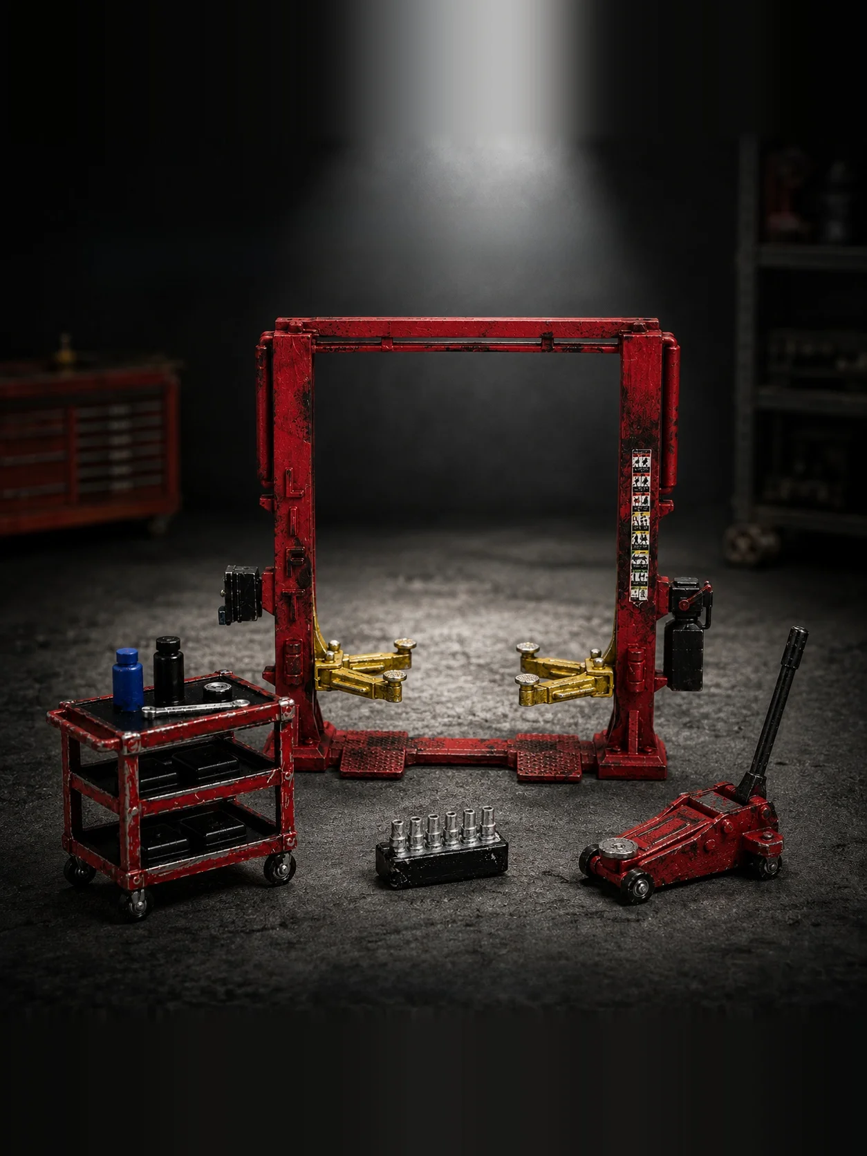Red Elevating Mechanic's Tool Cart Model Car Repair Garage Scene Set Miniature Static Model for Ages 3 And up Universal Gender