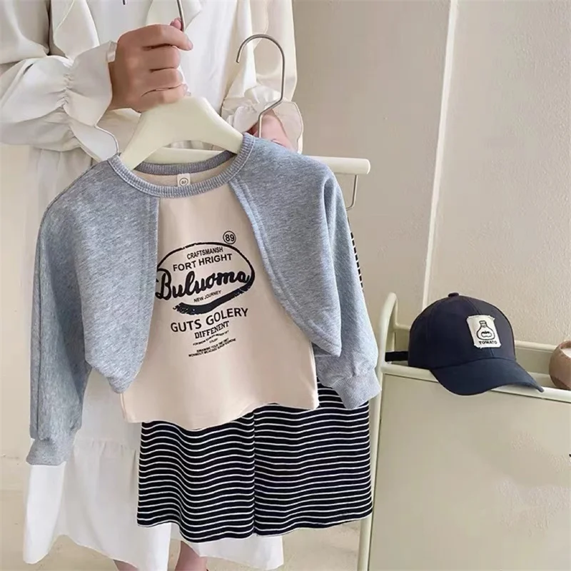 2024 Girls Cute Sets Baby Fashion Casual Suit Spring Autumn New Children Letters Printed Top Striped Pants 2-Piece 12M-6 Years