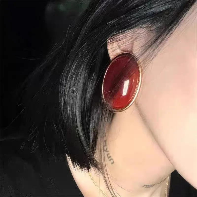 HUANZHI 5cm Red Resin Oval Large Earring Fashion Temperament Charm Chunky Vintage Jewelry 2024 New Design for Women