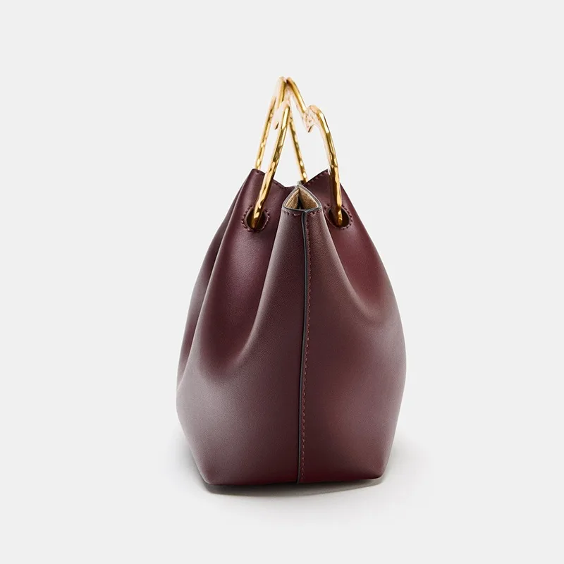 Vintage Wine Red Pleated Soft Pu Leather HandBag Irregular Golden Heart-shaped Handle Large-capacity Tote Bag for Women 2026
