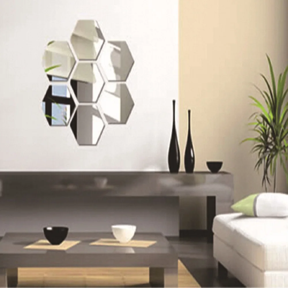 12PCs  5 Sizes Geometric Hexagon Mirror Wall Sticker DIY Home Decor Enlarge Living Room Removable Safety