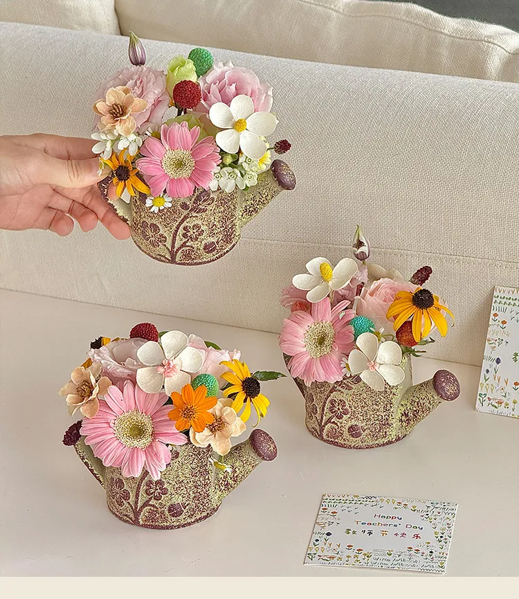 Ceramic Retro Gorgeous Flower Pot Fresh and Unique Kettle Shape Planting Fleshiness Desktop Flowerpot A Holiday Gift for Teacher