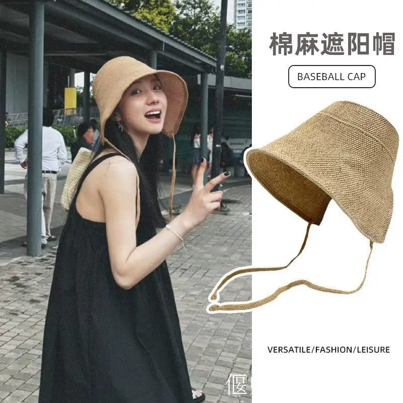Women Linen Blend Straw Sun Hat Vintage Korean Style Lolita Wide Brim Hat with Adjustable Ties Cycling UV Protection Cap