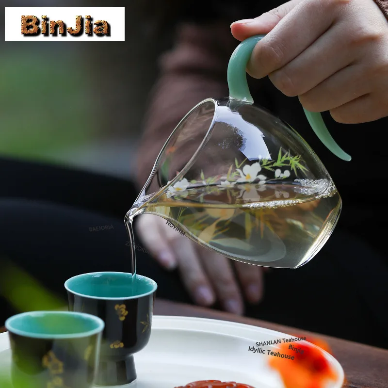 BAEJORIA 240ml Glass Swallow Coming Green Handle Tea Pitcher Divide Tea Cha Hai Dispenser Justice Cup Fair Mug Teaware Gift