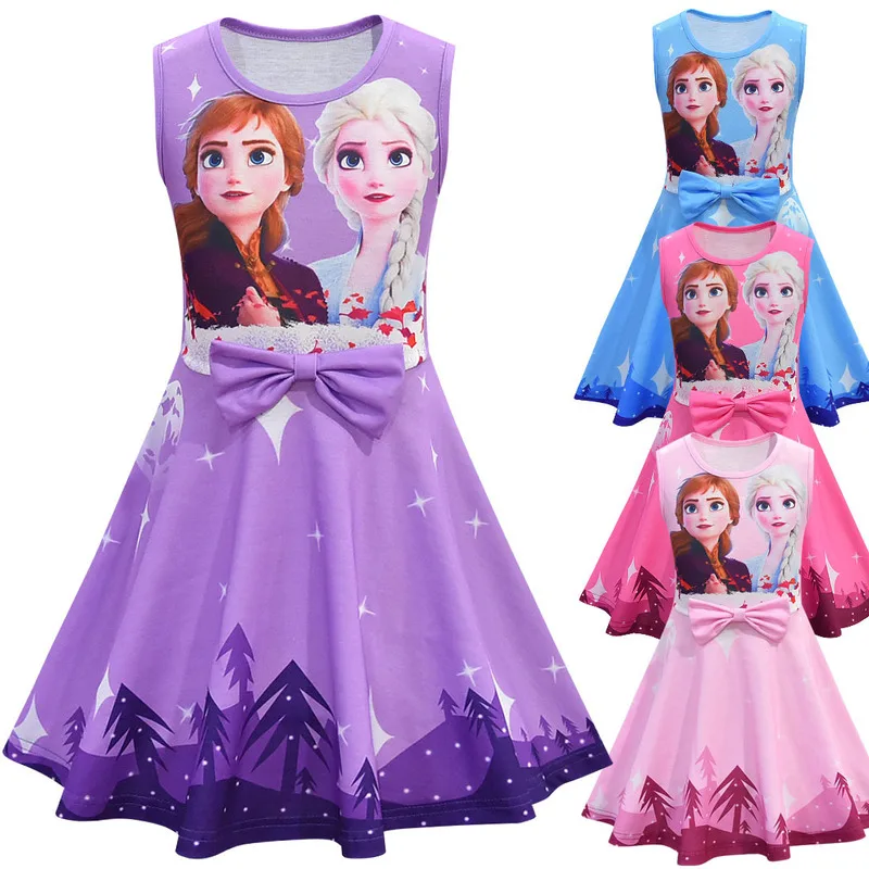 New Frozen Ii Cartoon Summer Girl Dress Kawaii Children Sleeveless Vest Skirt Bow Children Clothing 100-140cm Girl Birthday Gift