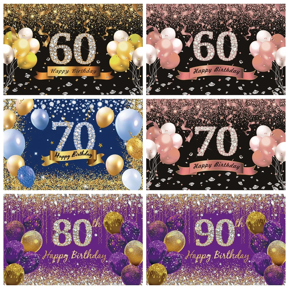 Black and Gold Happy 60 70 80 90th Birthday Backdrop Photography Adults Birthday Party Cake Smash Background Banner Photo Studio