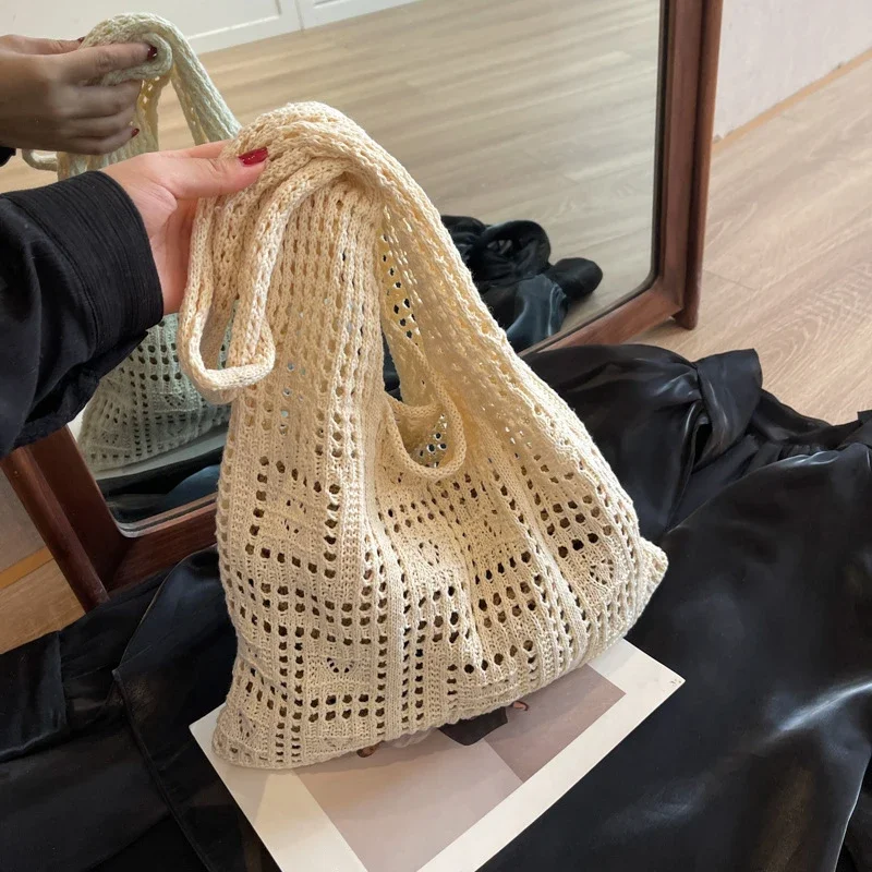 Fashion Women Hollow Woven Shoulder Bags Large Capacity Shoulder Bags Crochet Knitting Handbags Female Shopping Tote 2024