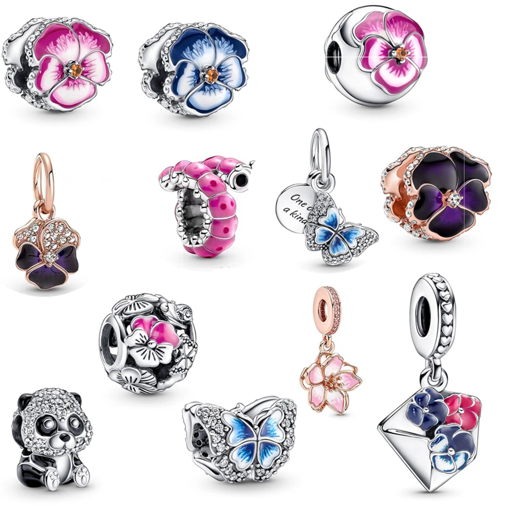 

Fits Europe 925 Bracelet Pansy Flower Crown Butterfly Charms Sterling Silver Beads For Jewelry Making For Women Pulseras