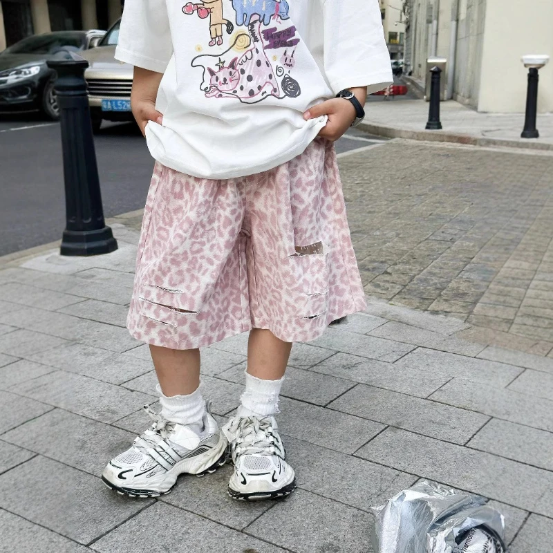 

Boys Shorts 2025 Thin Summer Leopard Print Sweatpants Loose and Versatile Pants for Boys and Girls