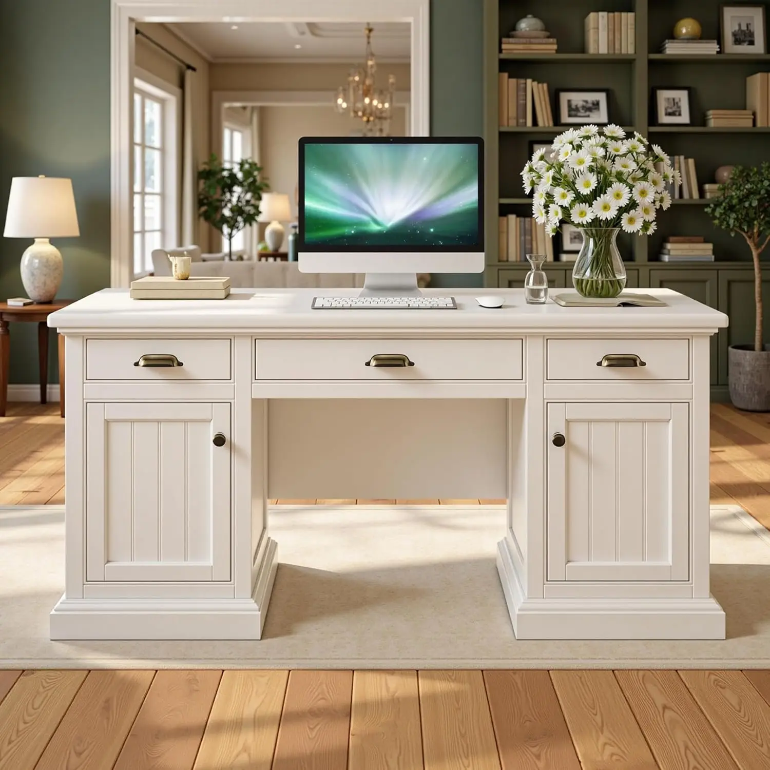 

68" Executive Desk for Home Office & Study, Fluted Panel Computer Table with 3 Drawers and 2 Cabinets, Pure White