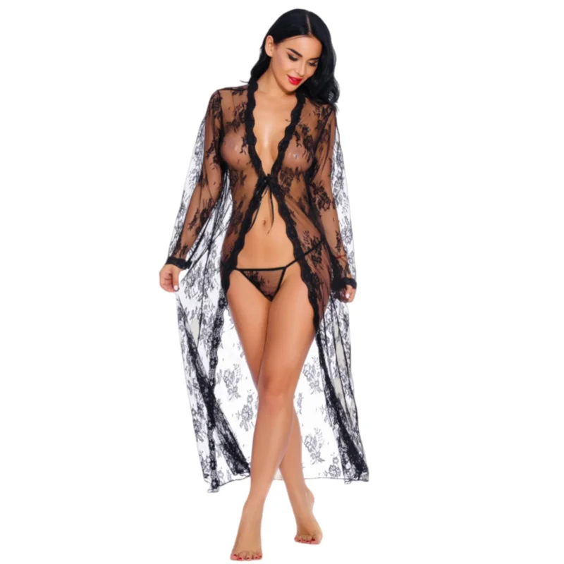 Modieuze en sexy kanten lingerie vest lange nachtjapon, doorzichtige pyjama met string, erotische lingerie nachtjapon