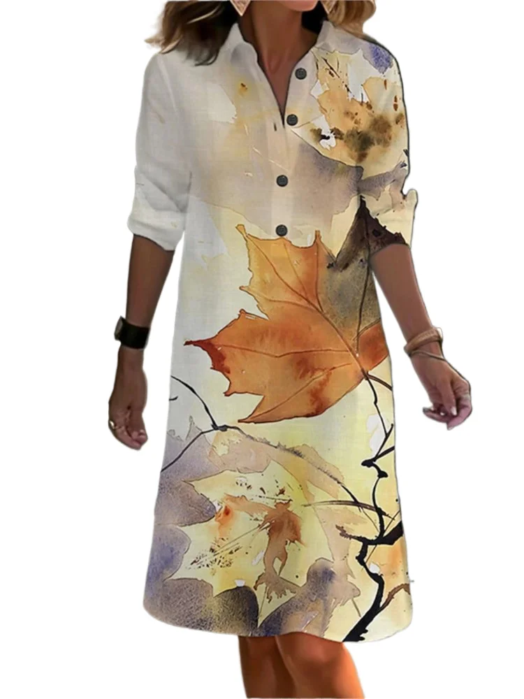 

Casual Print Loose Shirt Dress For Women Fashion V Neck Long Sleeve Button Pullover Dresses Lady Holiday Womens Clothing Summer