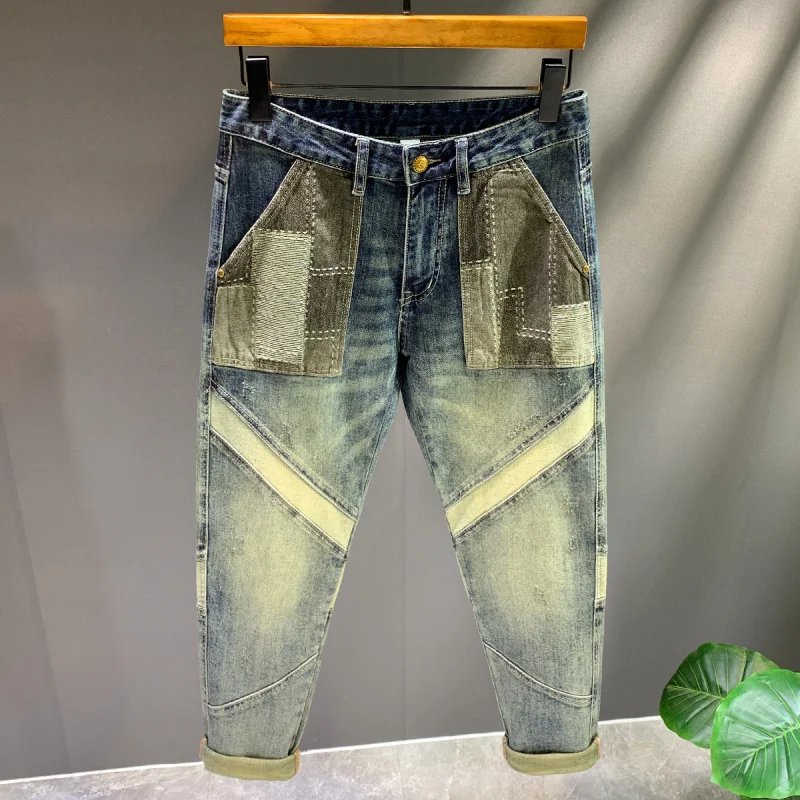 

Spring and Autumn 2025 New Trendy Brand Splicing Patch Retro Jeans Men's Pants Slim fit Small Feet Rascal Handsome Denim Pants