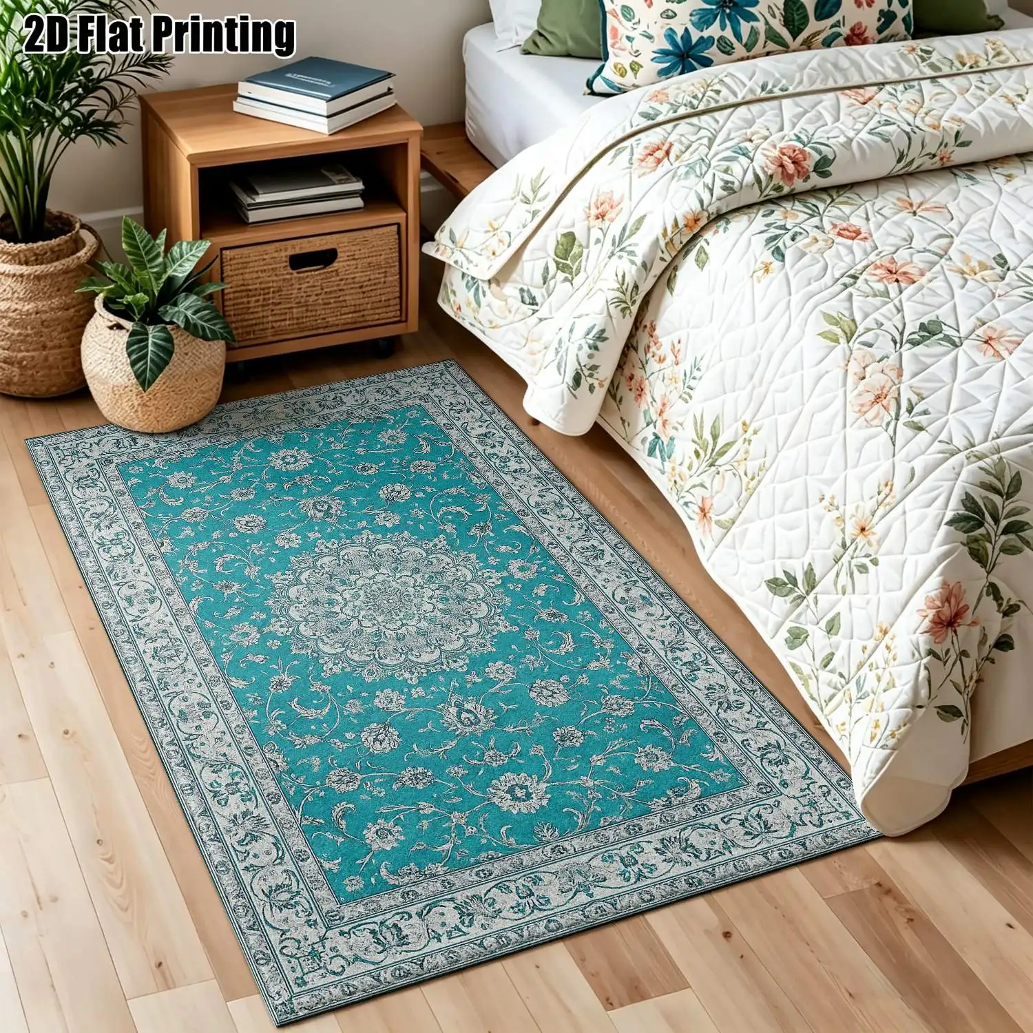 1Pc 2D Printed Carpet: Green-Blue Floral Retro Pattern, European/Bohemian/Geometric Style, Machine Washable, Multi-Size for Home Decor, Entrance/Dining/Bedroom/Living Room Etc