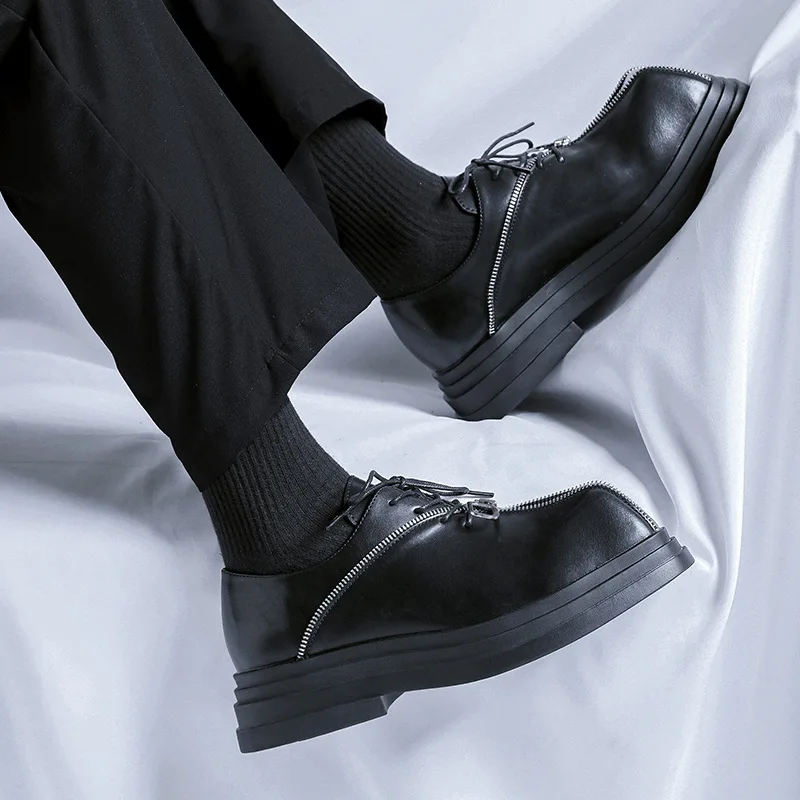 Dress Men's Shoes With Thick Soles And Zippered Design Unique Punk Style Debi Leather Shoes Trendy Fashionable Casual Shoes Men